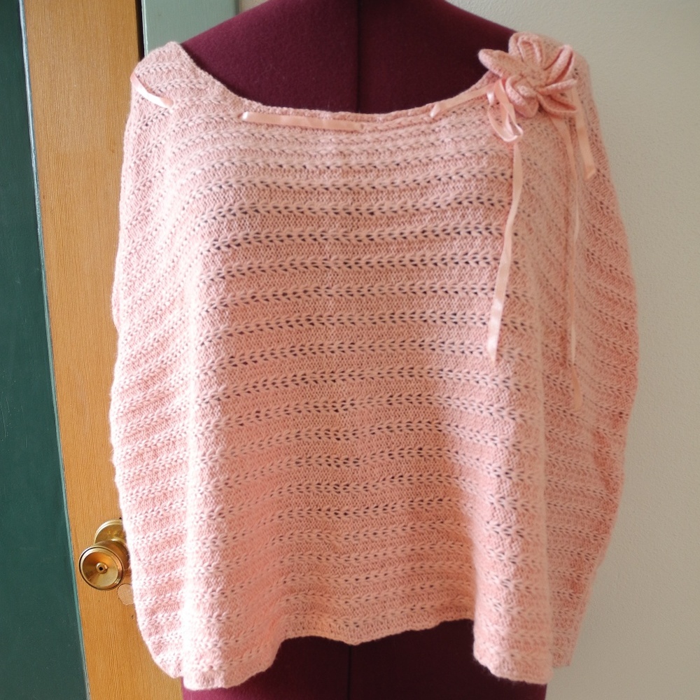 Soft Pink Sweater Poncho Knit Flower Ribbon Lacing